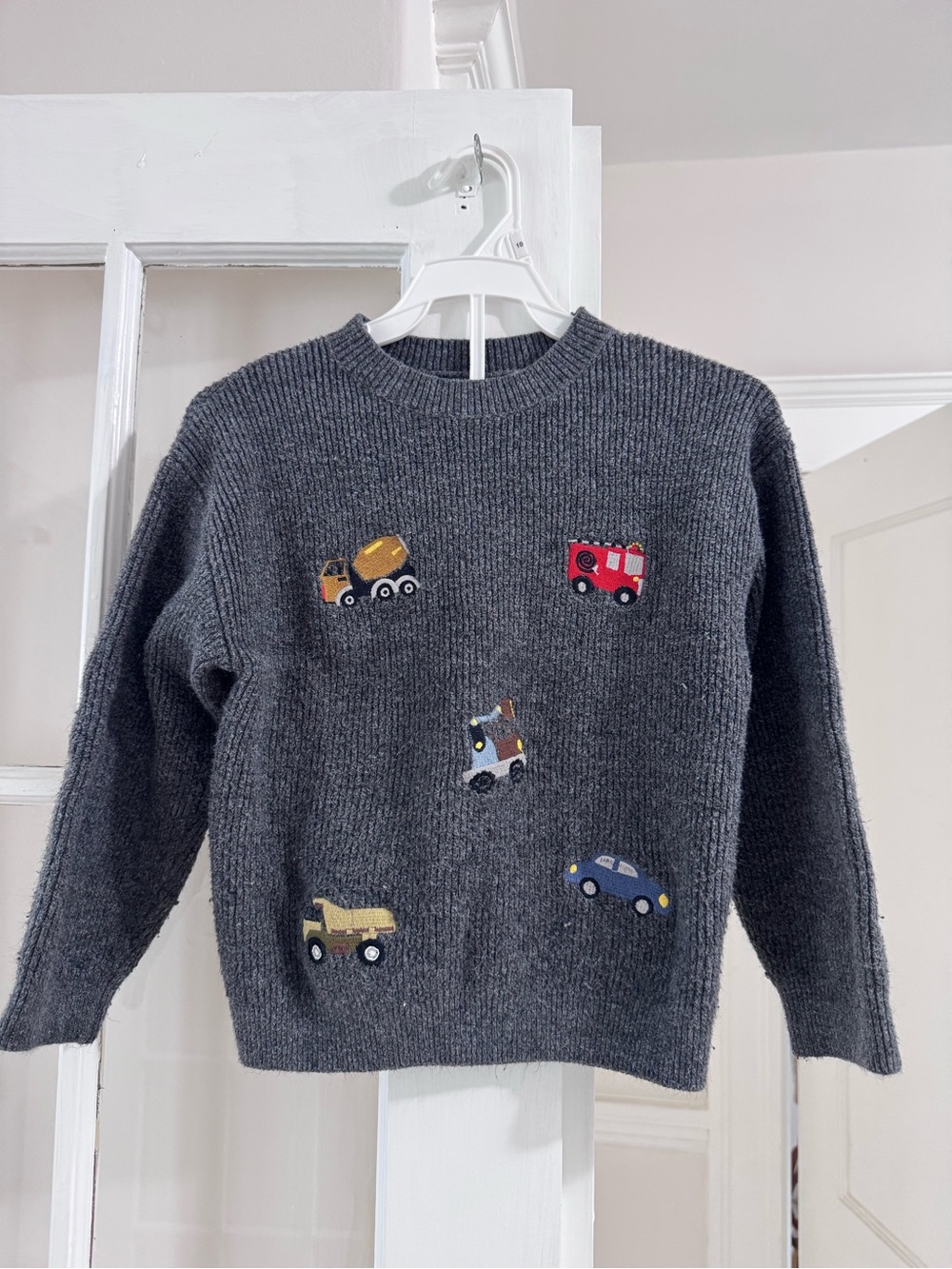 Zara Charcoal Gray Crewneck Sweater with Colorful Toy Car Embroidery